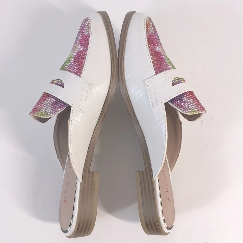 NEW Betsy Johnson Rainbow Rhinestone white loafer mule